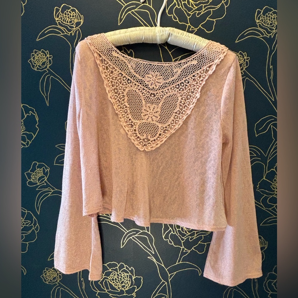 MINE cotton LACE burnout LONG SLEEVE pink CROP burnout top SHEER size large